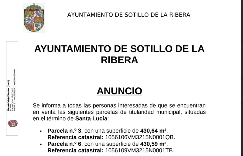 ANUNCIO: VENTA de Parcelas Municipales